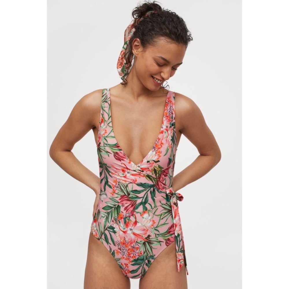 H&M Pink Floral Wrap One-Piece Swimsuit with Green Leaves